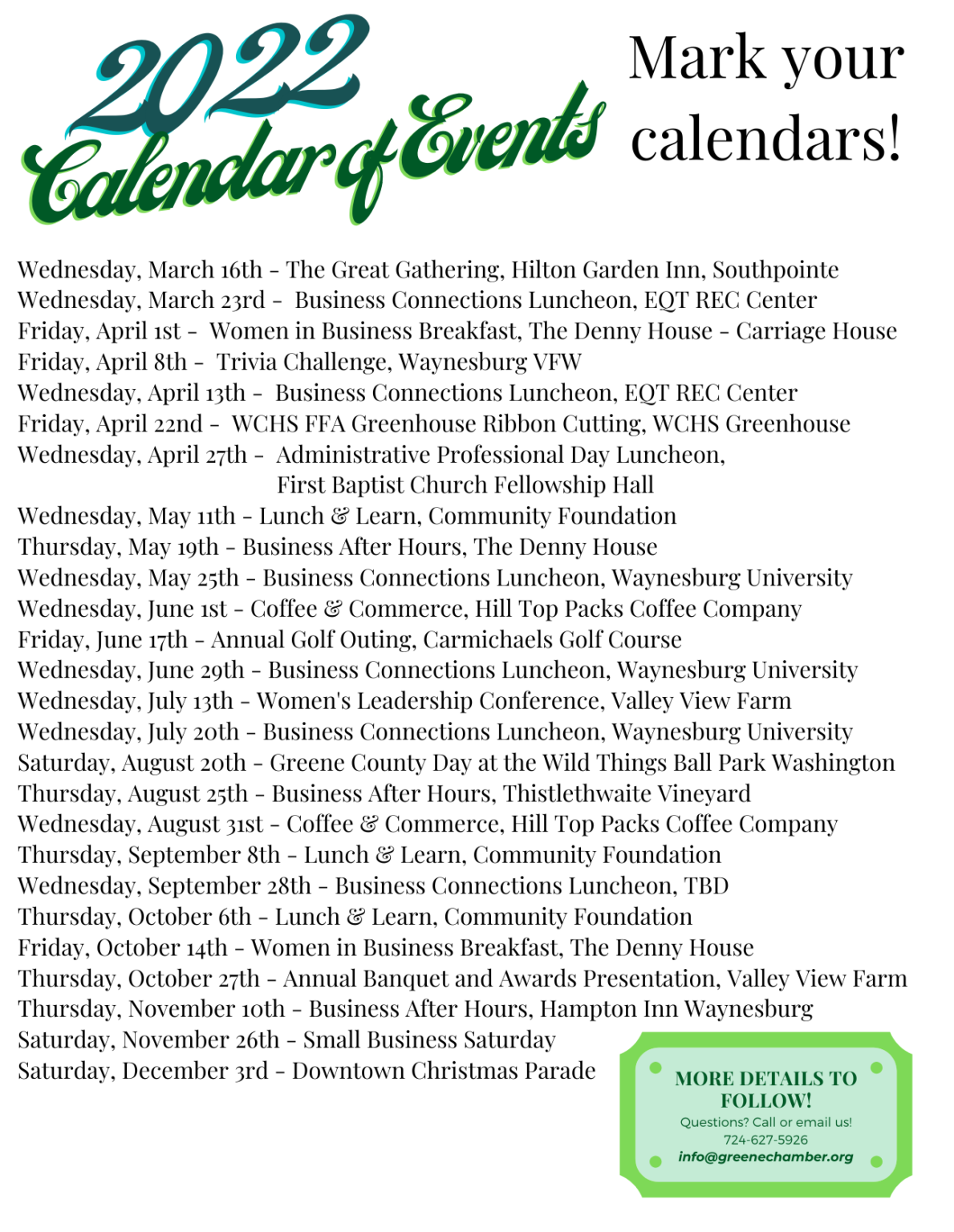 Calendar of Events Greene County Chamber of Commerce